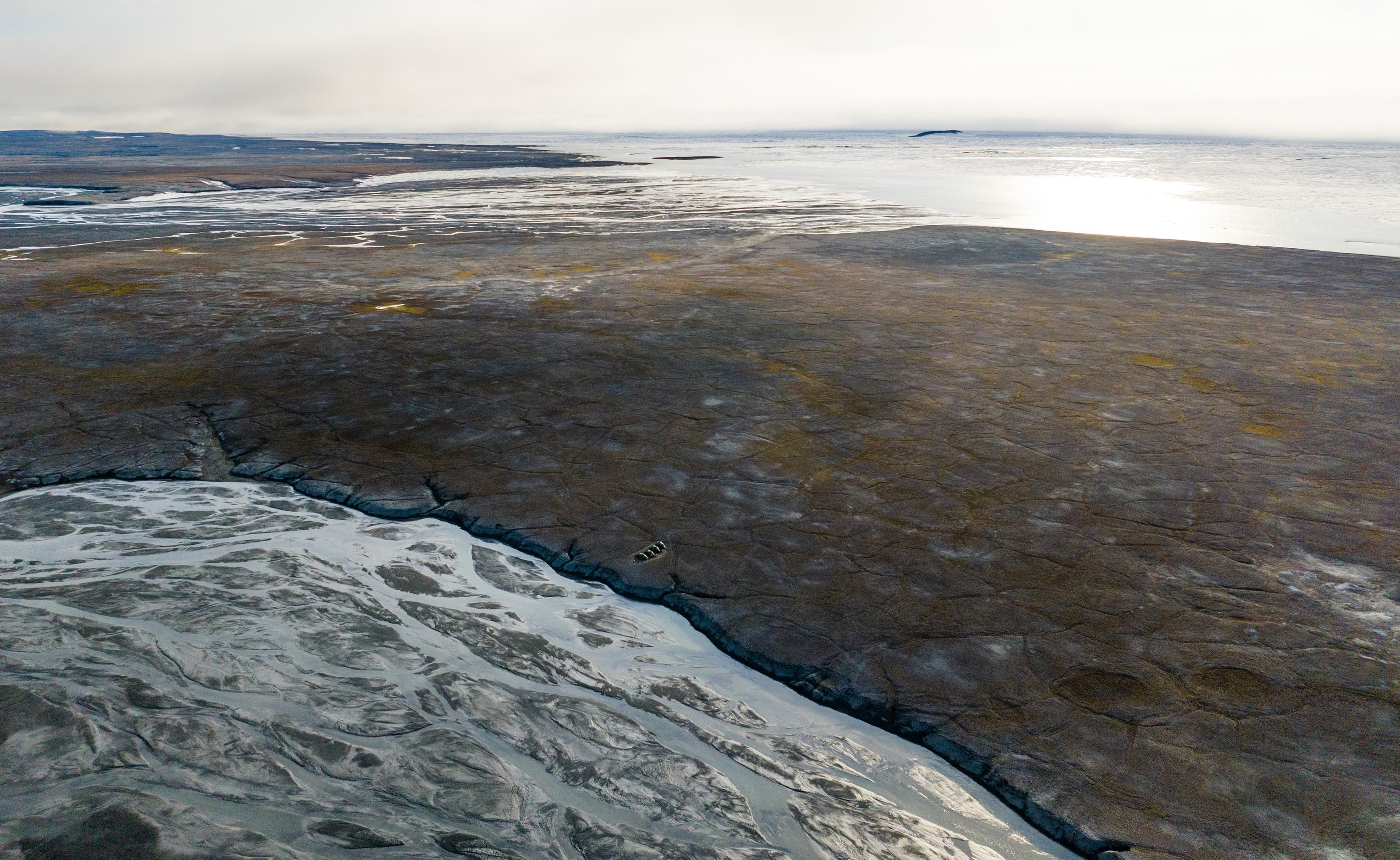 The Expedition team’s camp on the north coast of Greenland. The small island on the horizon is Inuit Qeqertaat, the last stretch of land on top of the earth.