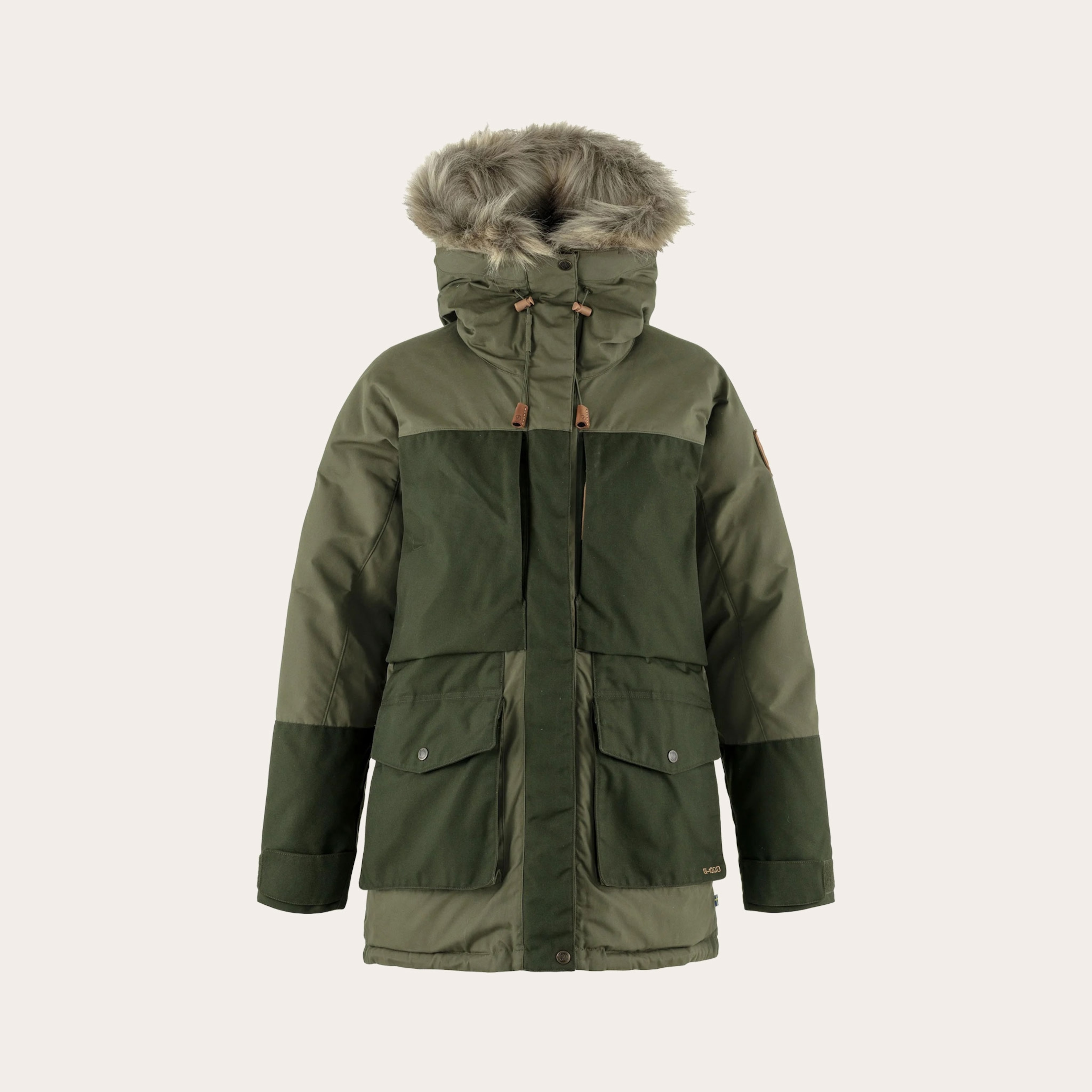 Heavy weight green winter jacket with fur around hood.