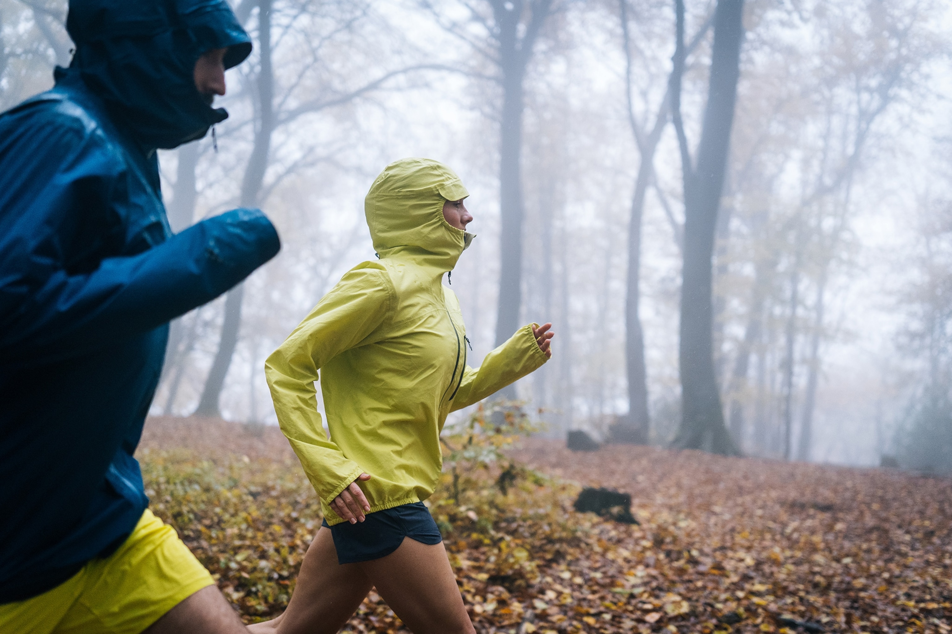 Trail runners run through forest on rainy day.