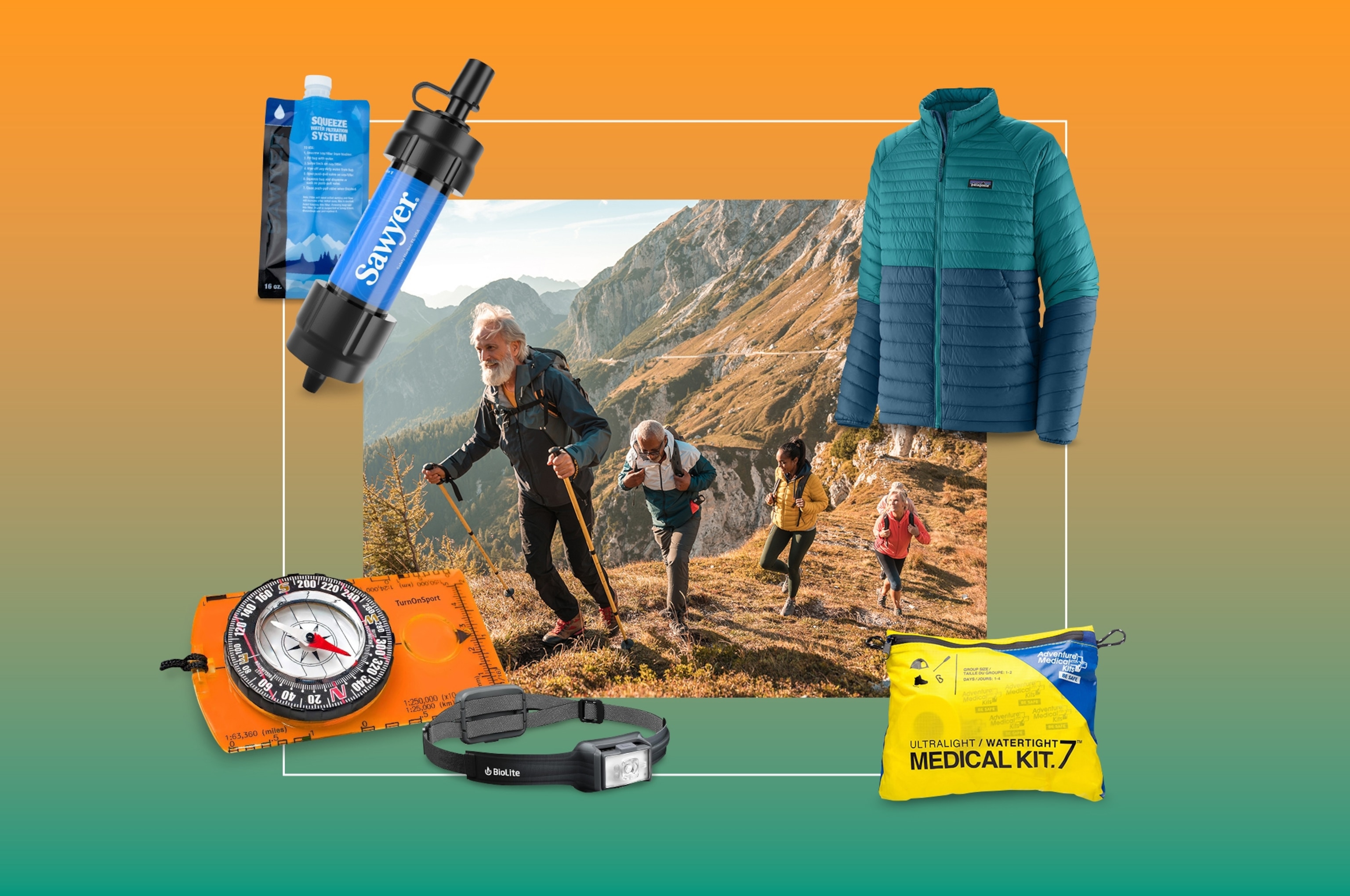 Main photo of hikers climbing a mountain surrounded by image of a Jacket, Medical Kit, Headlamp, Compass, and Water Filter.