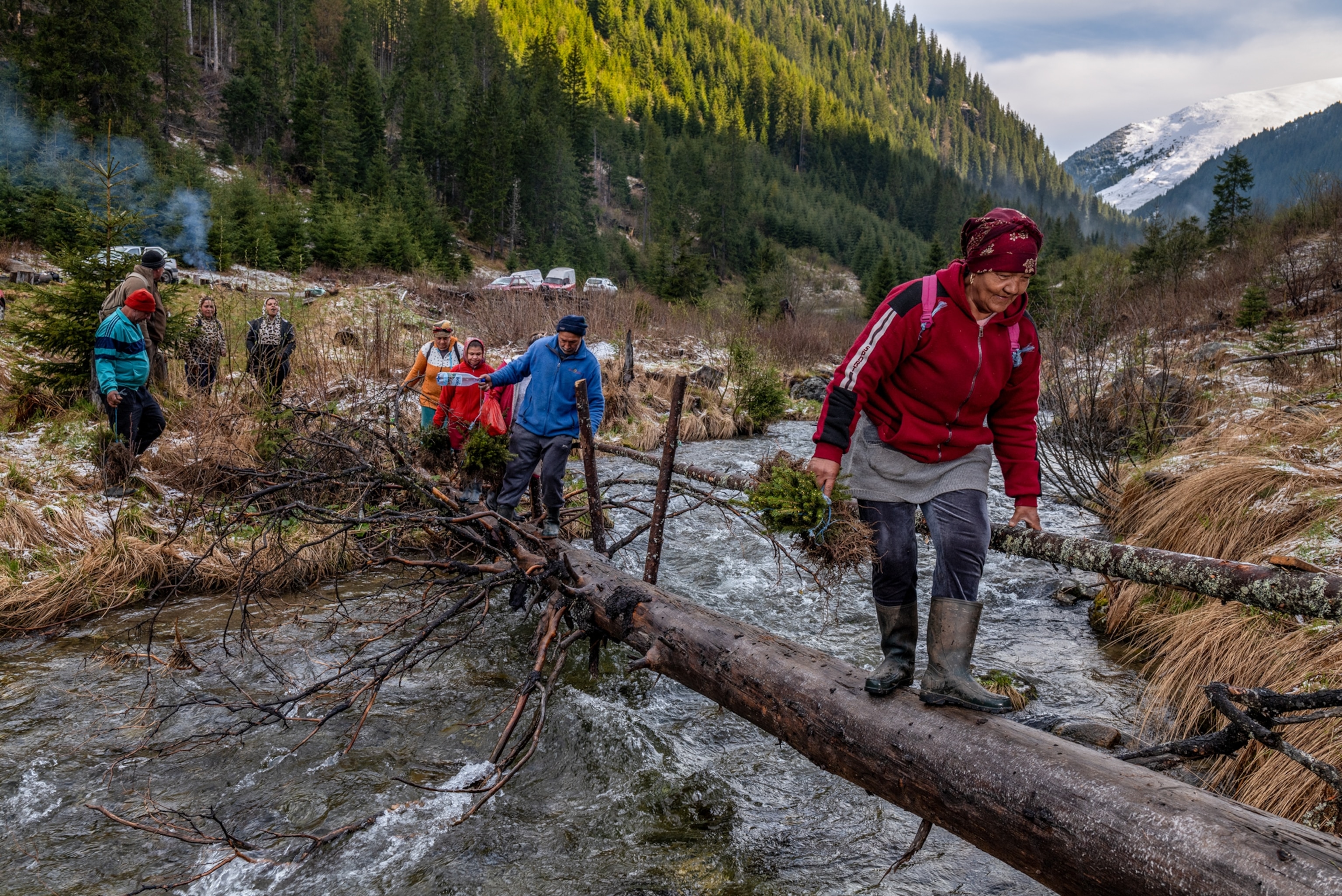 eight villagers are pictures crossing a river carrying sapplings